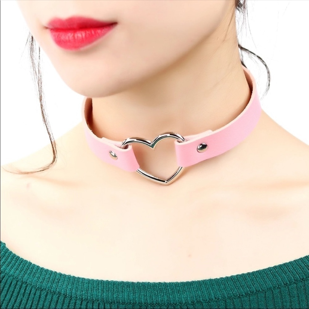 Pink Leather Punk Heart Studded Coquette Girl Choker Necklace